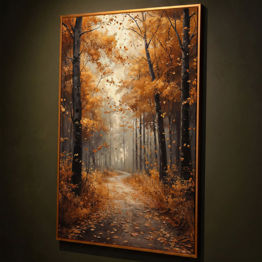 Serene Autumn Forest Pathway Canvas Print shown in antique gold floating frame