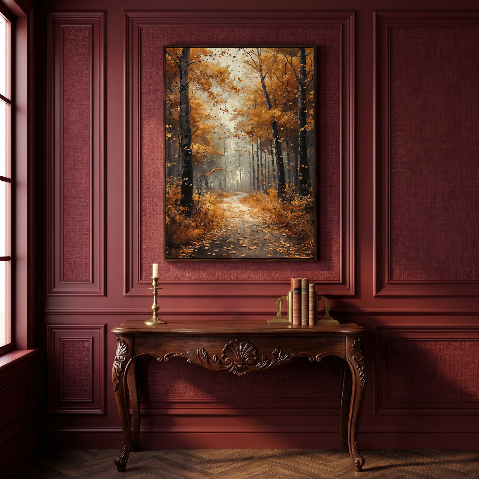 Serene Autumn Forest Pathway Canvas Print in dark walnut floating frame