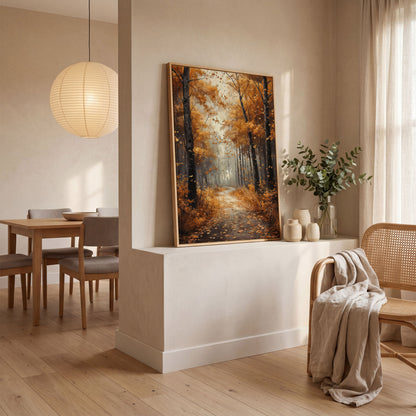 Serene Autumn Forest Pathway Canvas Print in white oak floating frame