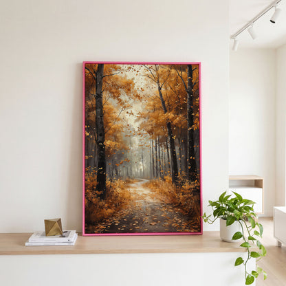 Serene Autumn Forest Pathway Canvas Print in pink floating frame