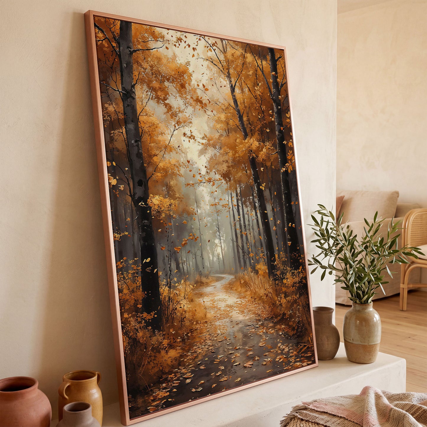 Serene Autumn Forest Pathway Canvas Print in rose gold floating frame