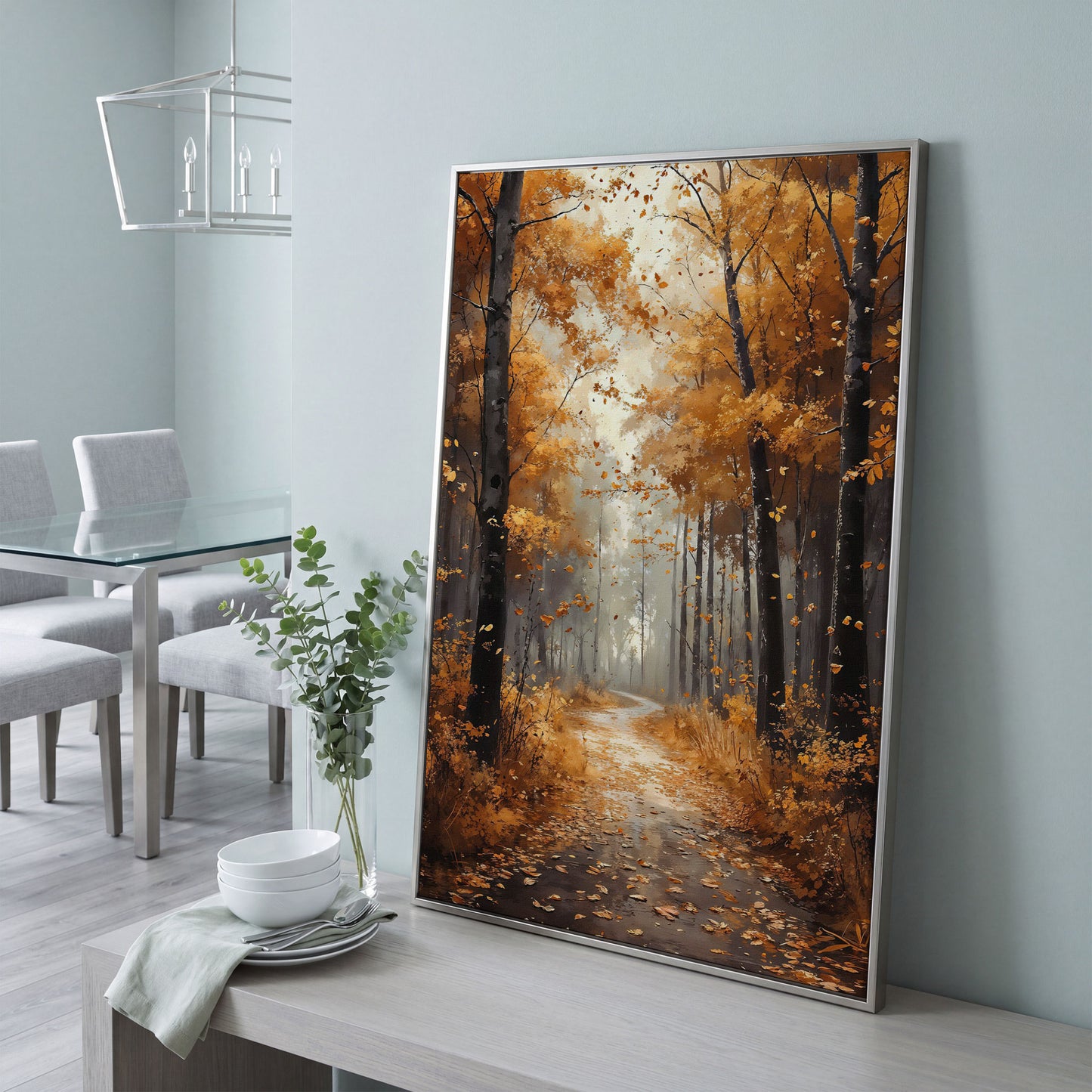 Serene Autumn Forest Pathway Canvas Print in silver floating frame