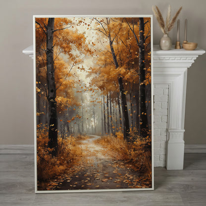 Serene Autumn Forest Pathway Canvas Print in white floating frame