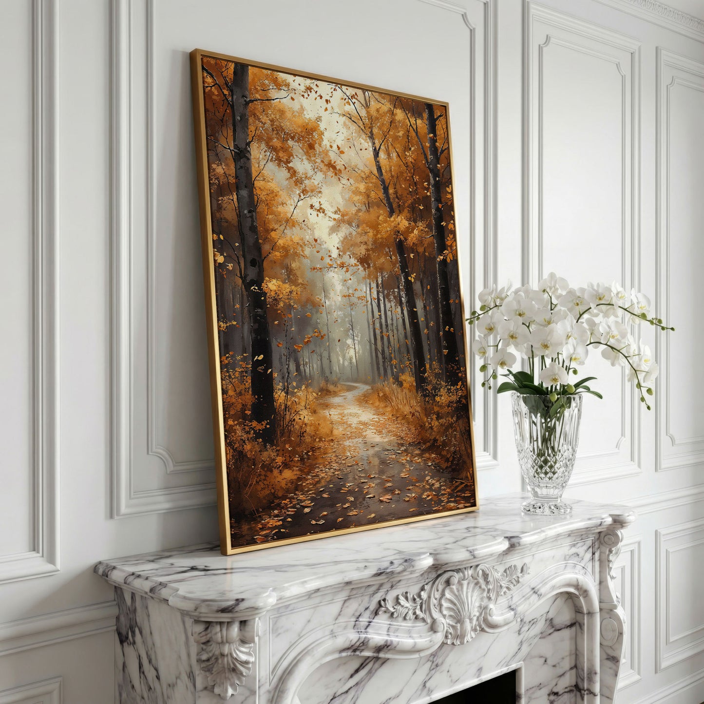 Serene Autumn Forest Pathway Canvas Print in yellow gold floating frame