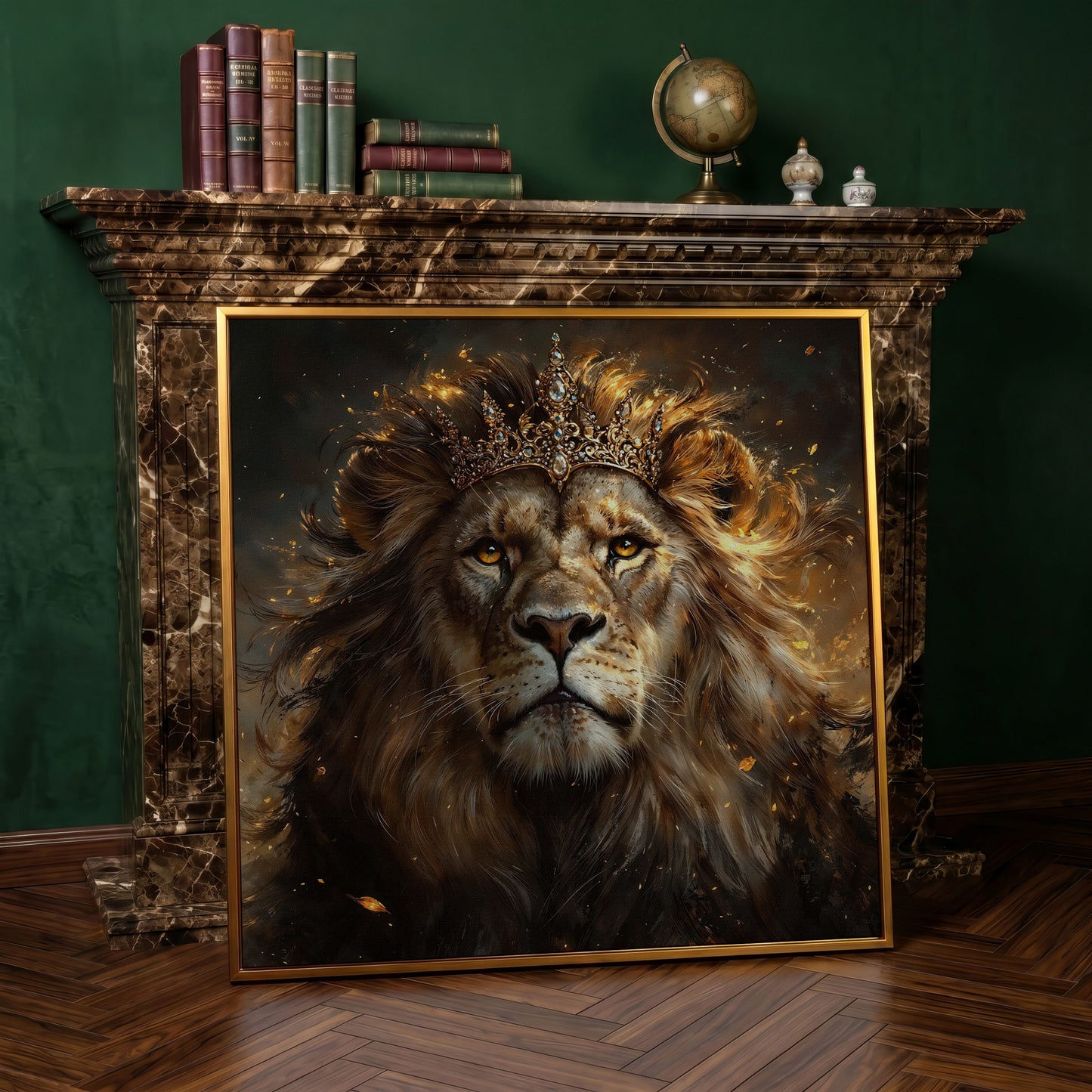 Lion with Crown Canvas Print in antique gold floating frame