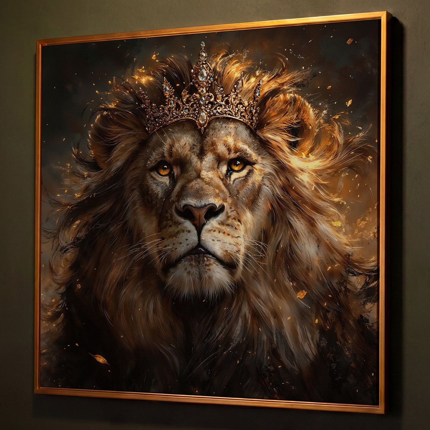 Lion with Crown Canvas Print shown in antique gold floating frame