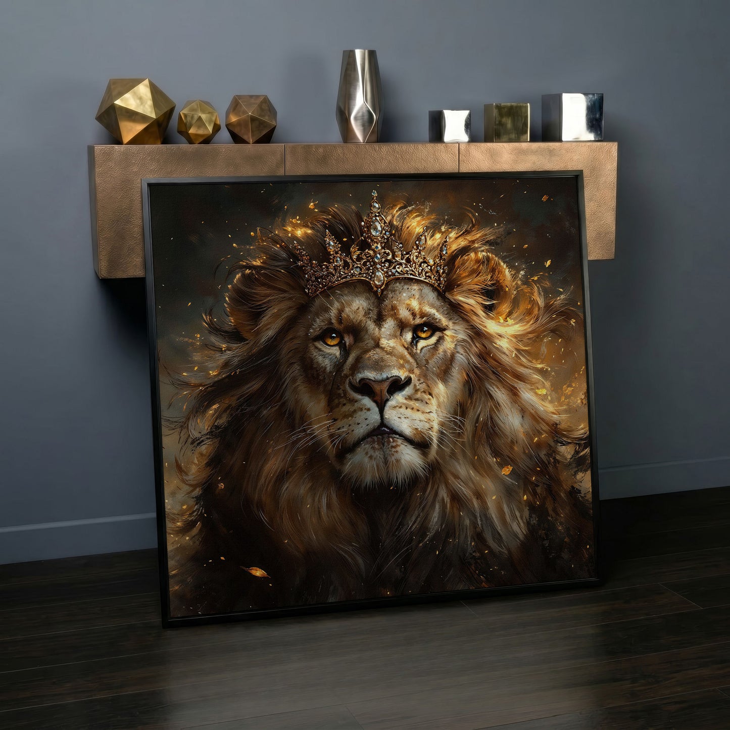 Lion with Crown Canvas Print in black floating frame