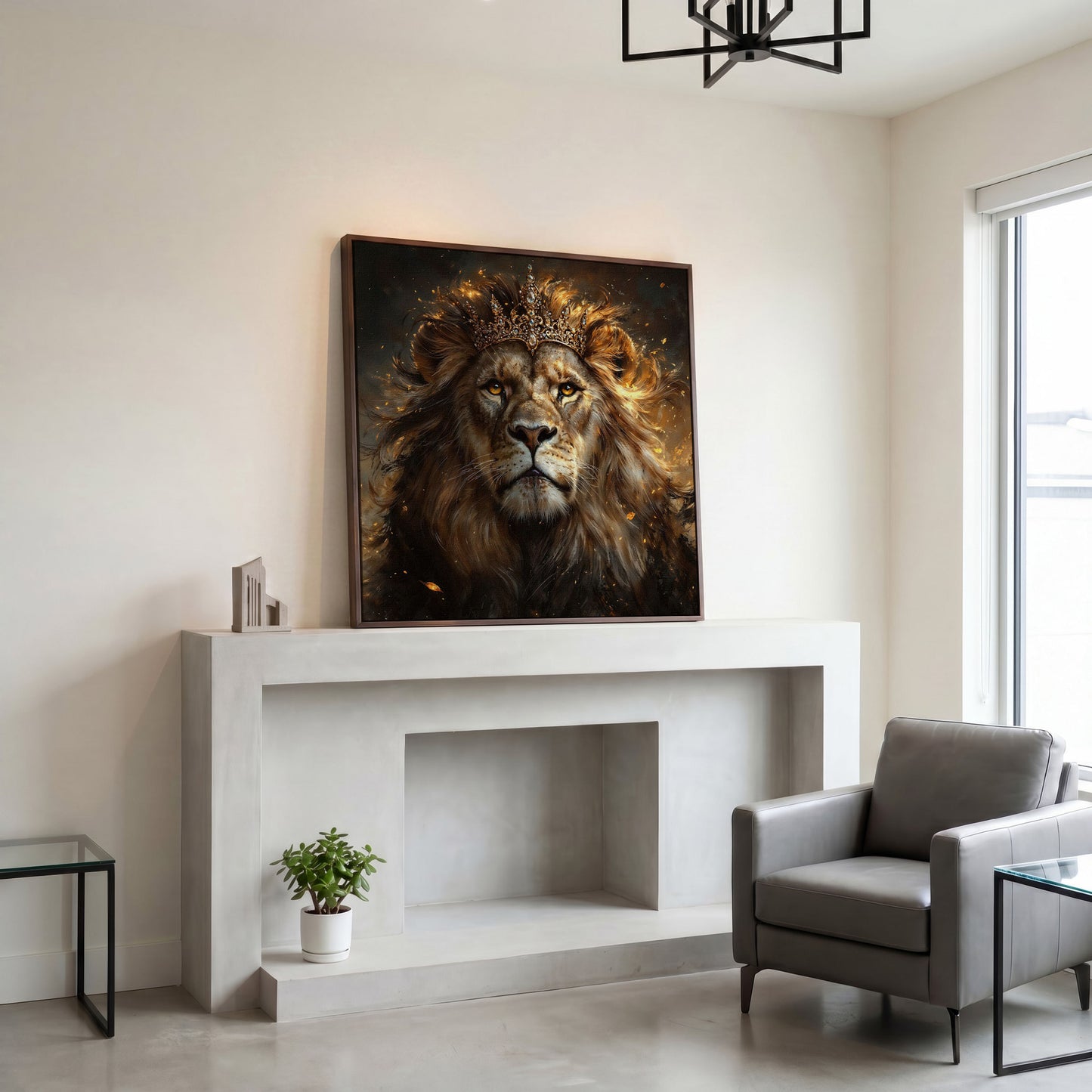 Lion with Crown Canvas Print in dark walnut floating frame