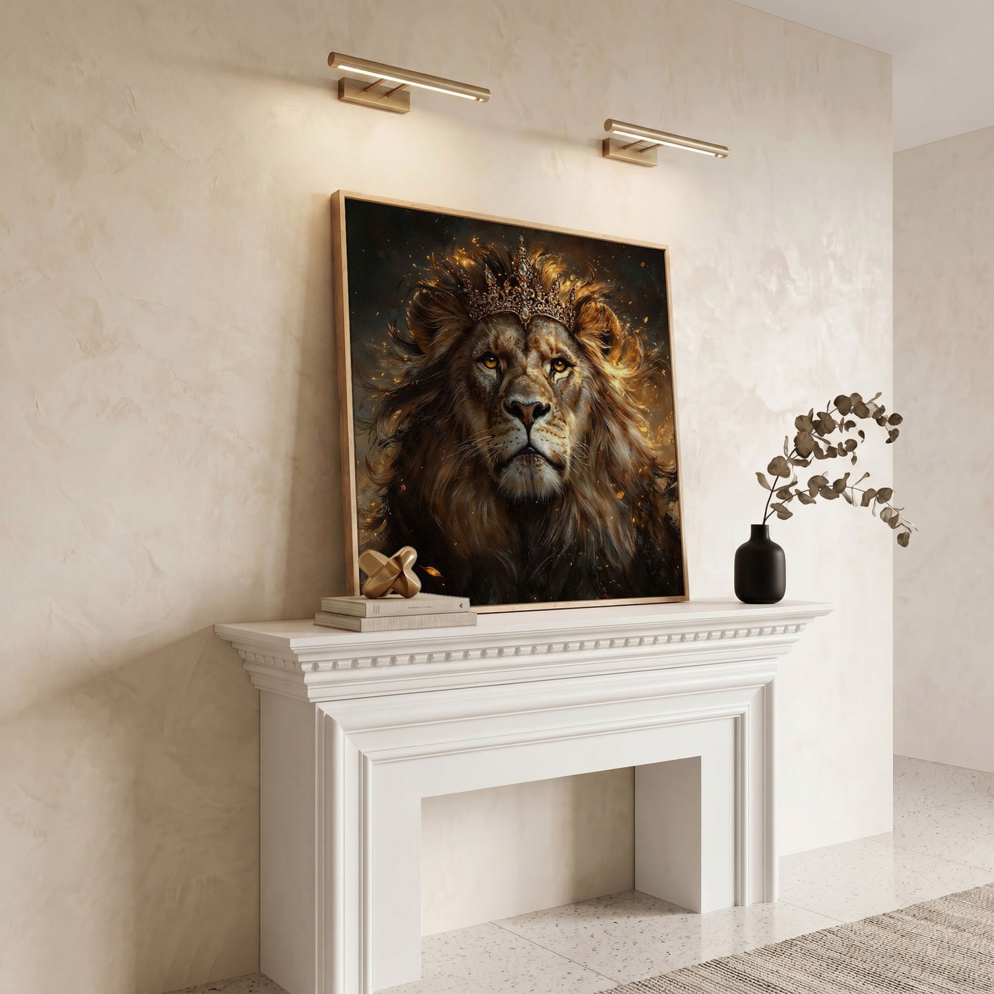 Lion with Crown Canvas Print in white oak floating frame