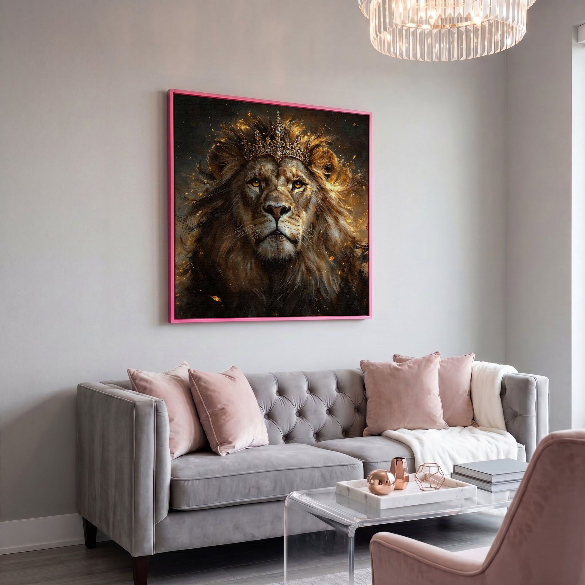 Lion with Crown Canvas Print in pink floating frame