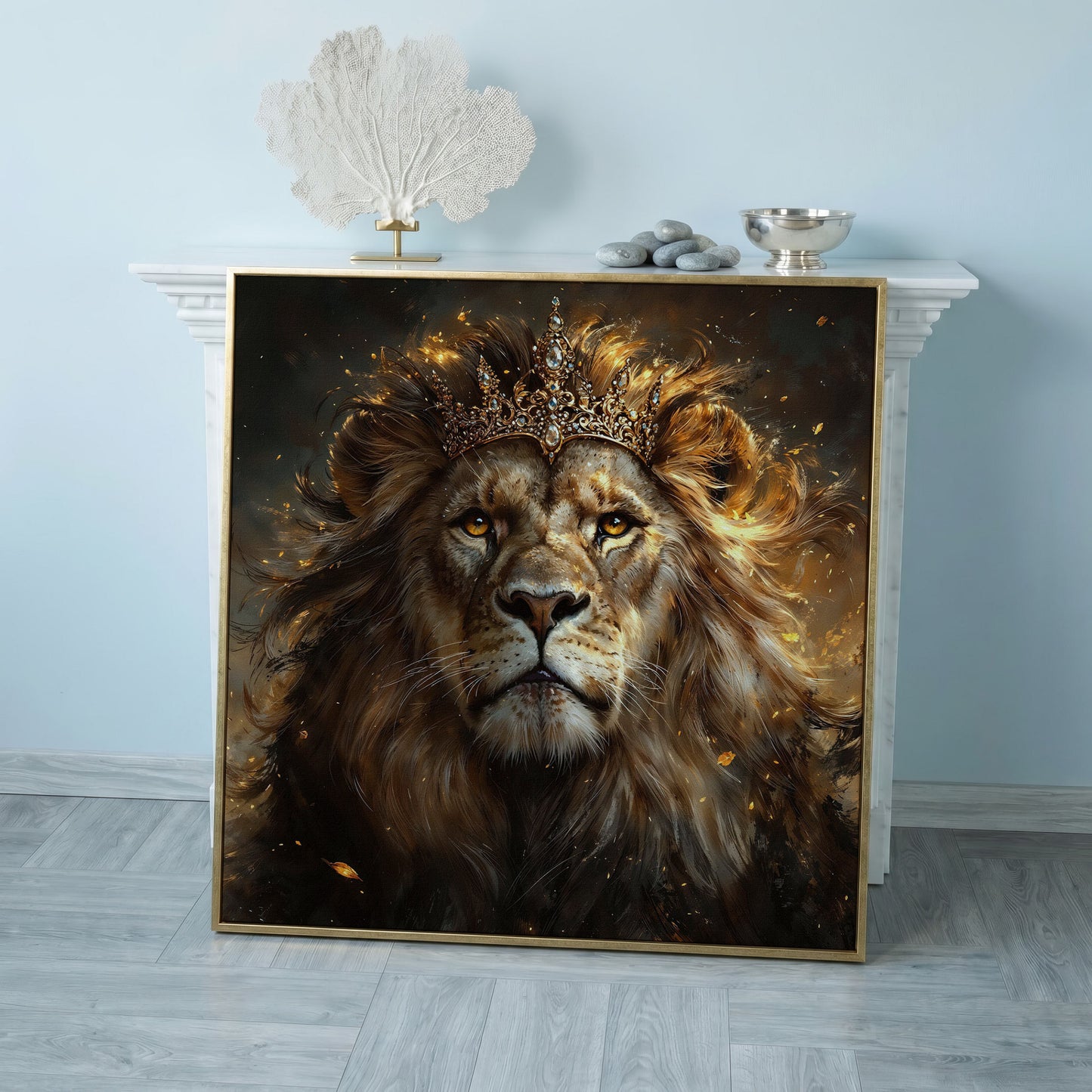 Lion with Crown Canvas Print in rose gold floating frame
