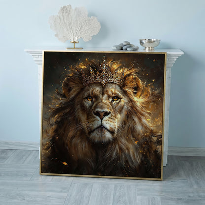 Lion with Crown Canvas Print in rose gold floating frame