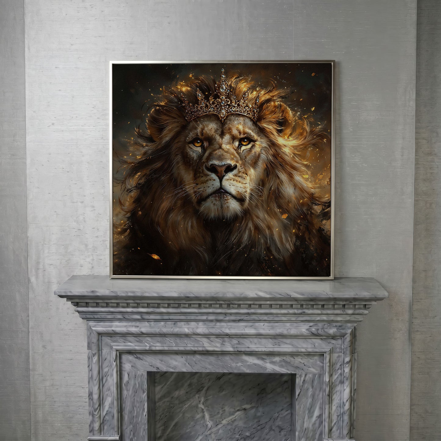 Lion with Crown Canvas Print in silver floating frame