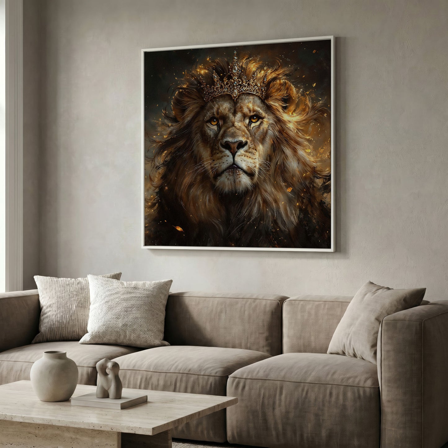 Lion with Crown Canvas Print in white floating frame
