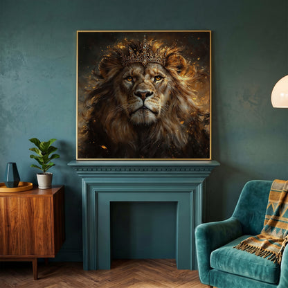 Lion with Crown Canvas Print in yellow gold floating frame