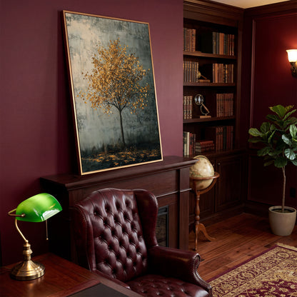 Solitary Tree with Golden Leaves Canvas Print in antique gold floating frame