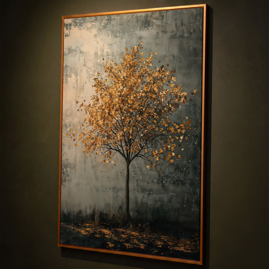 Solitary Tree with Golden Leaves Canvas Print shown in antique gold floating frame