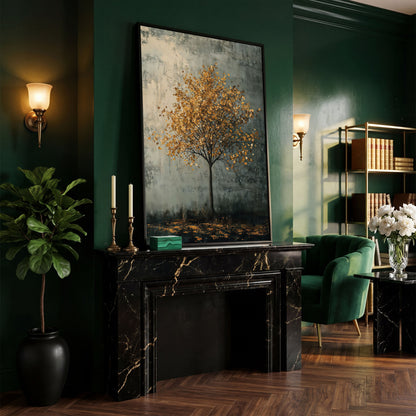 Solitary Tree with Golden Leaves Canvas Print in black floating frame