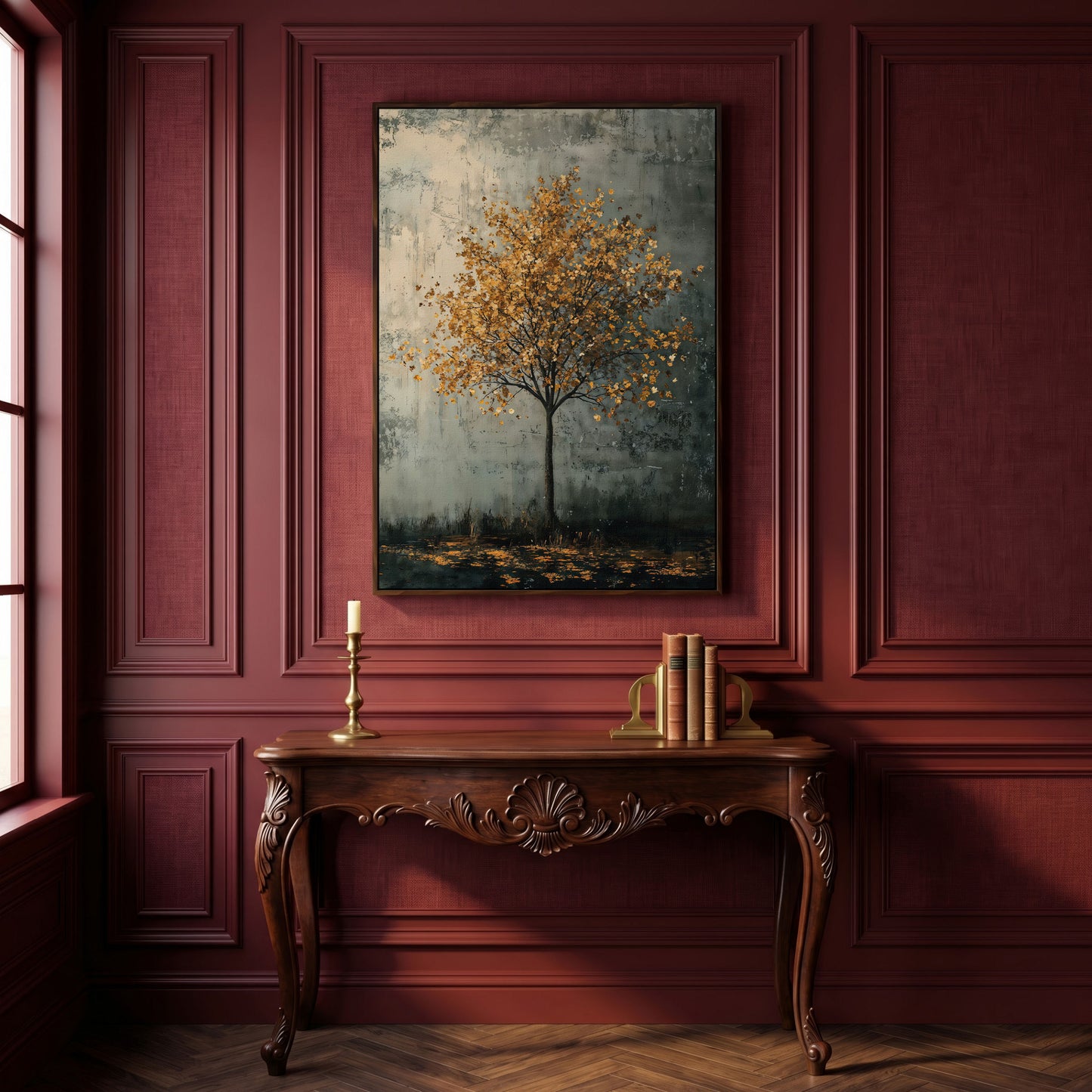 Solitary Tree with Golden Leaves Canvas Print in dark walnut floating frame
