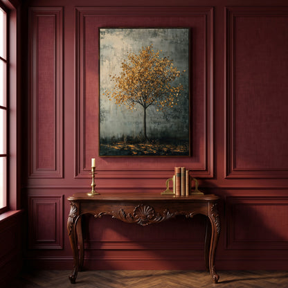 Solitary Tree with Golden Leaves Canvas Print in dark walnut floating frame