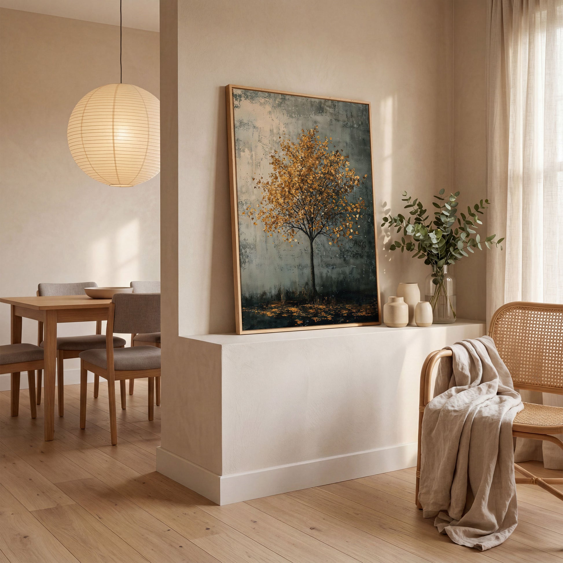Solitary Tree with Golden Leaves Canvas Print in white oak floating frame