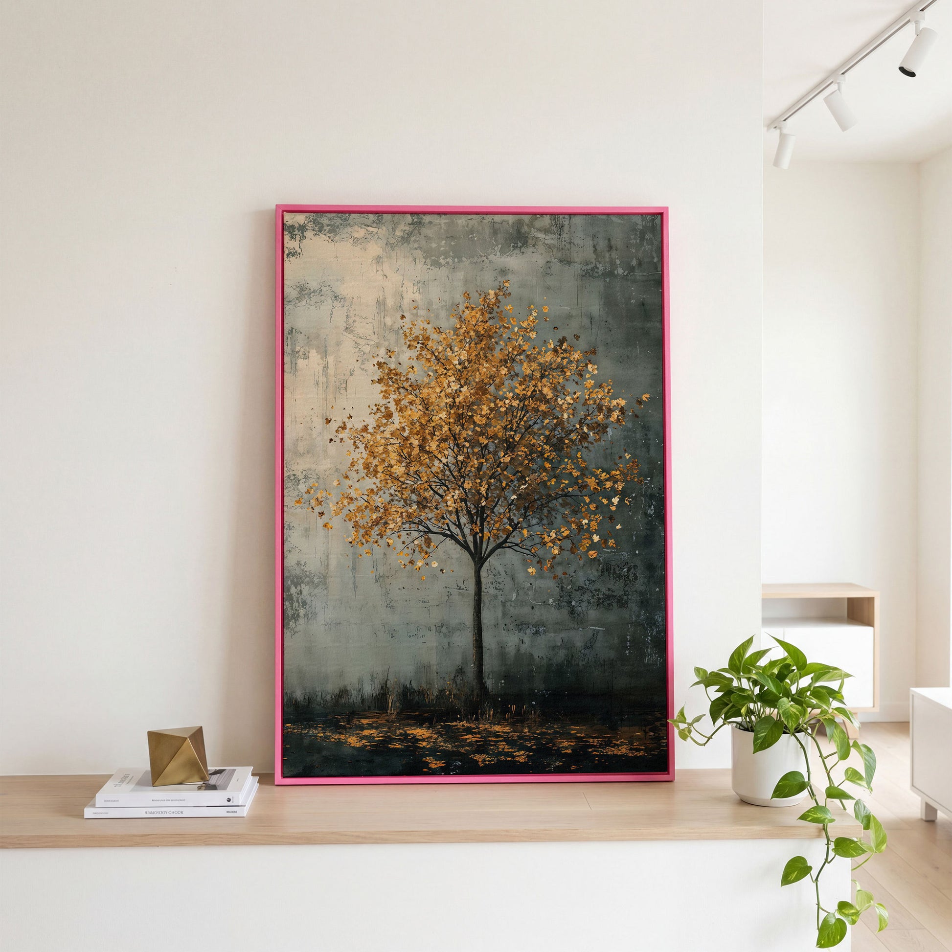 Solitary Tree with Golden Leaves Canvas Print in pink floating frame