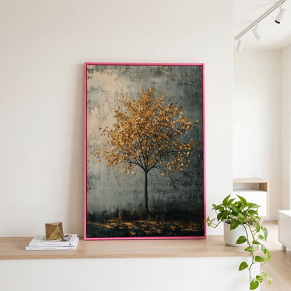 Solitary Tree with Golden Leaves Canvas Print in pink floating frame