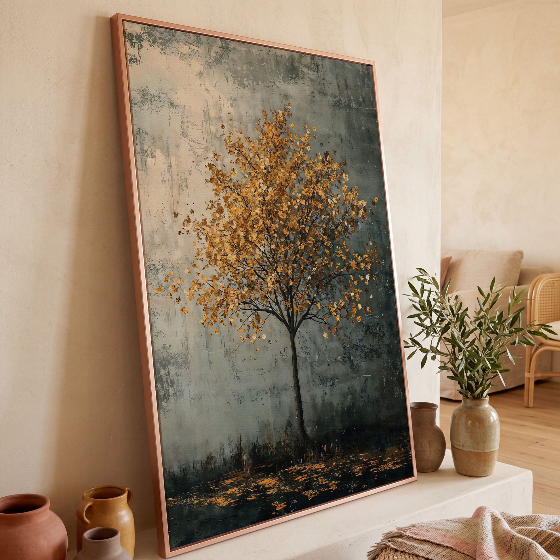 Solitary Tree with Golden Leaves Canvas Print in rose gold floating frame