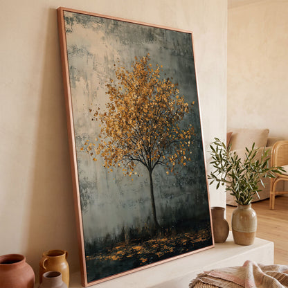 Solitary Tree with Golden Leaves Canvas Print in rose gold floating frame