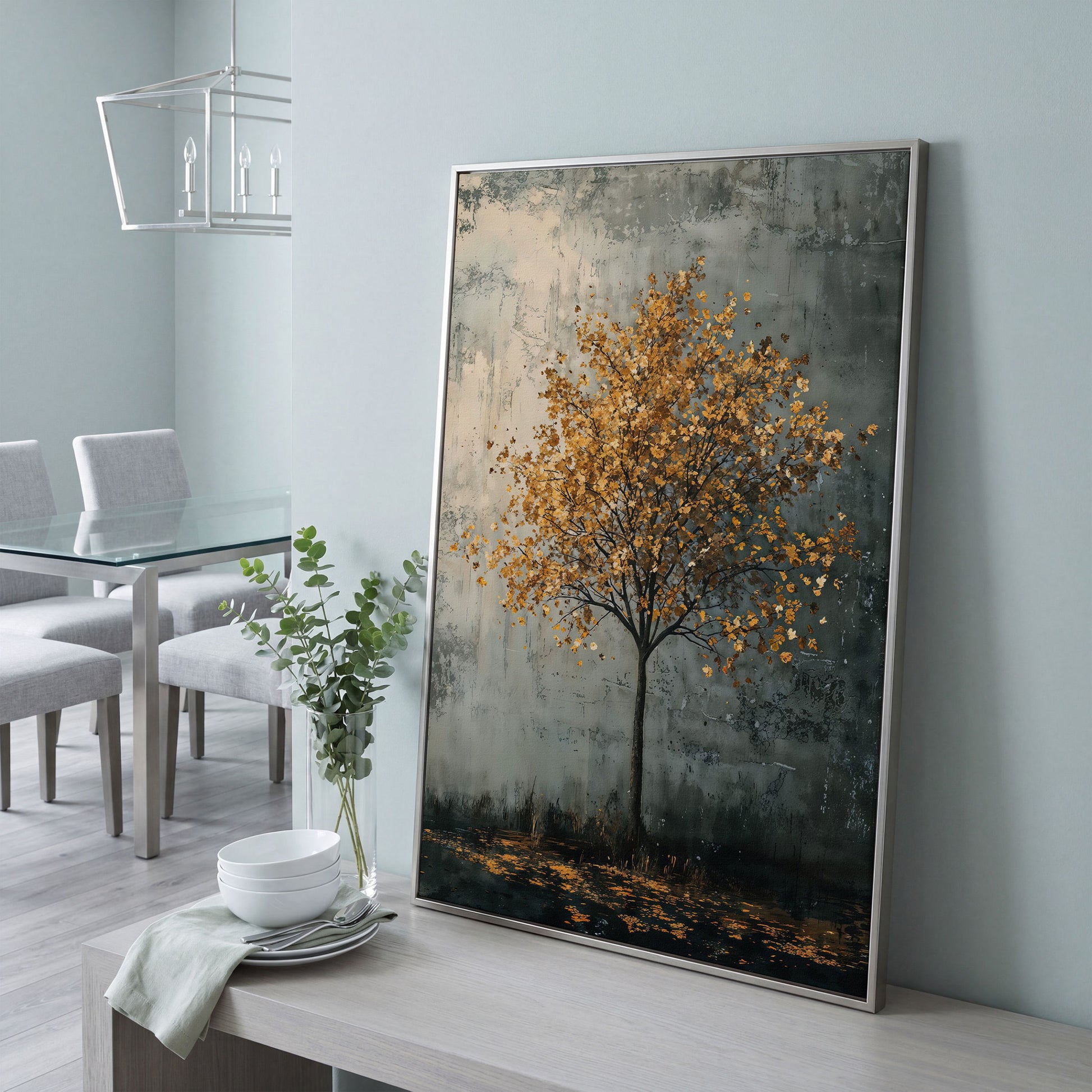 Solitary Tree with Golden Leaves Canvas Print in silver floating frame