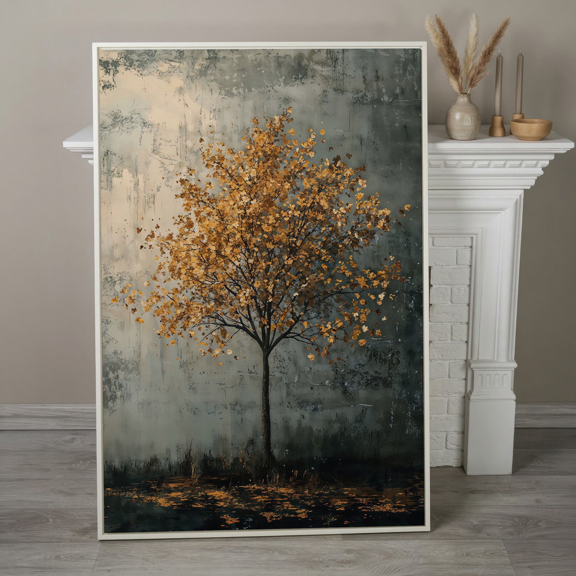 Solitary Tree with Golden Leaves Canvas Print in white floating frame