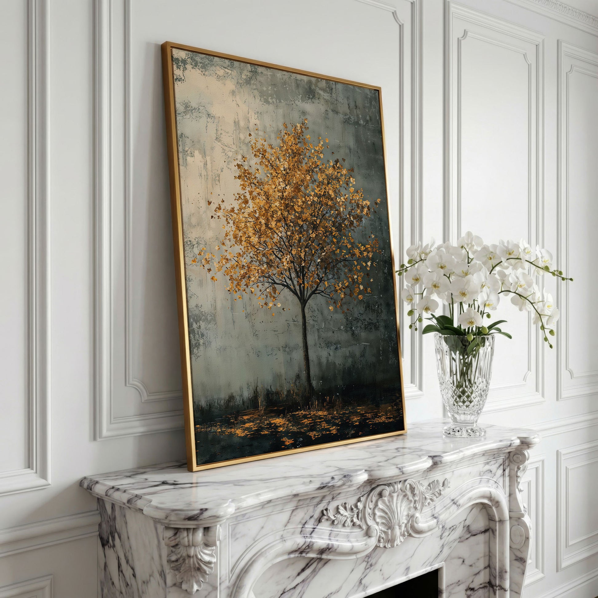 Solitary Tree with Golden Leaves Canvas Print in yellow gold floating frame