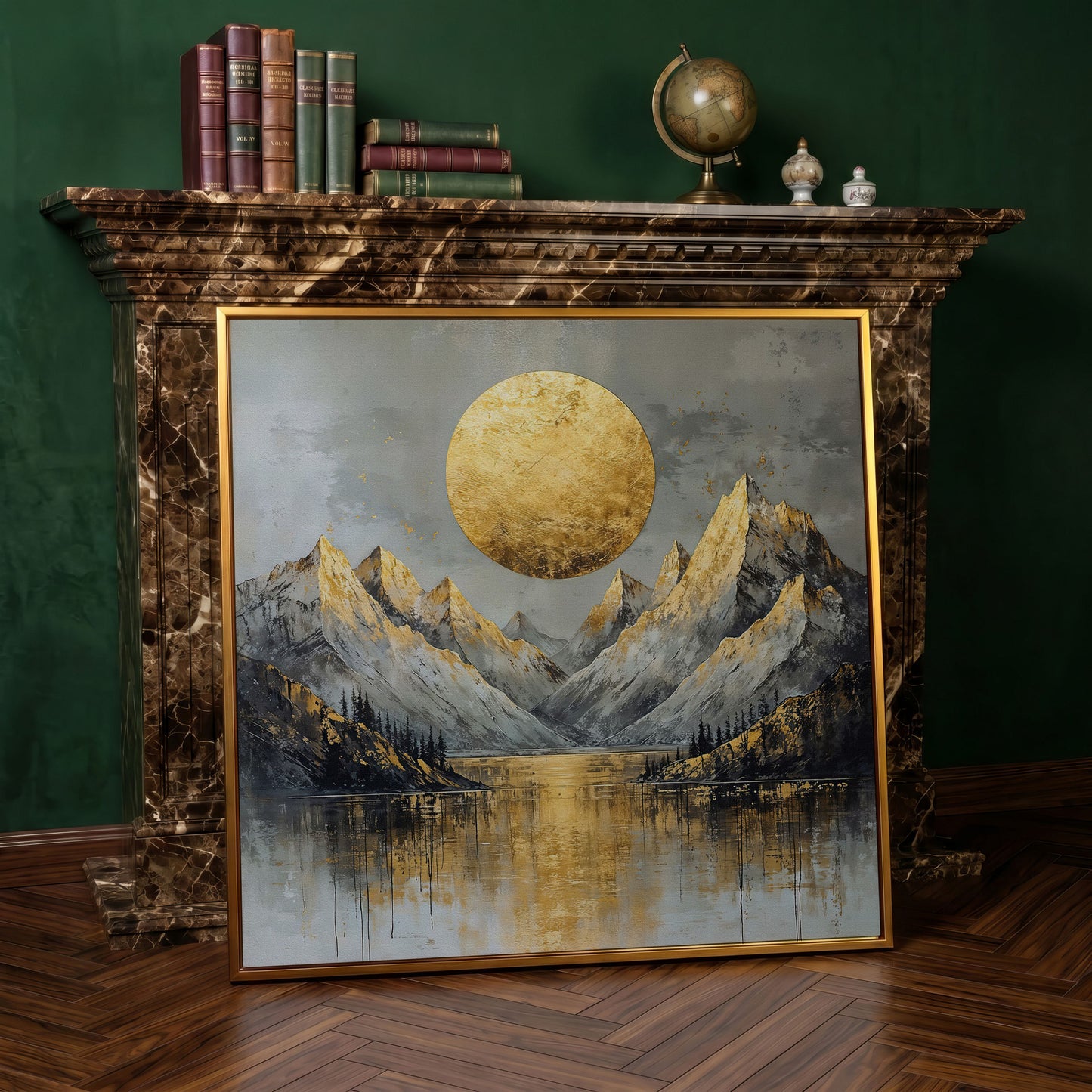 Mountains with Golden Sun Canvas in antique gold floating frame