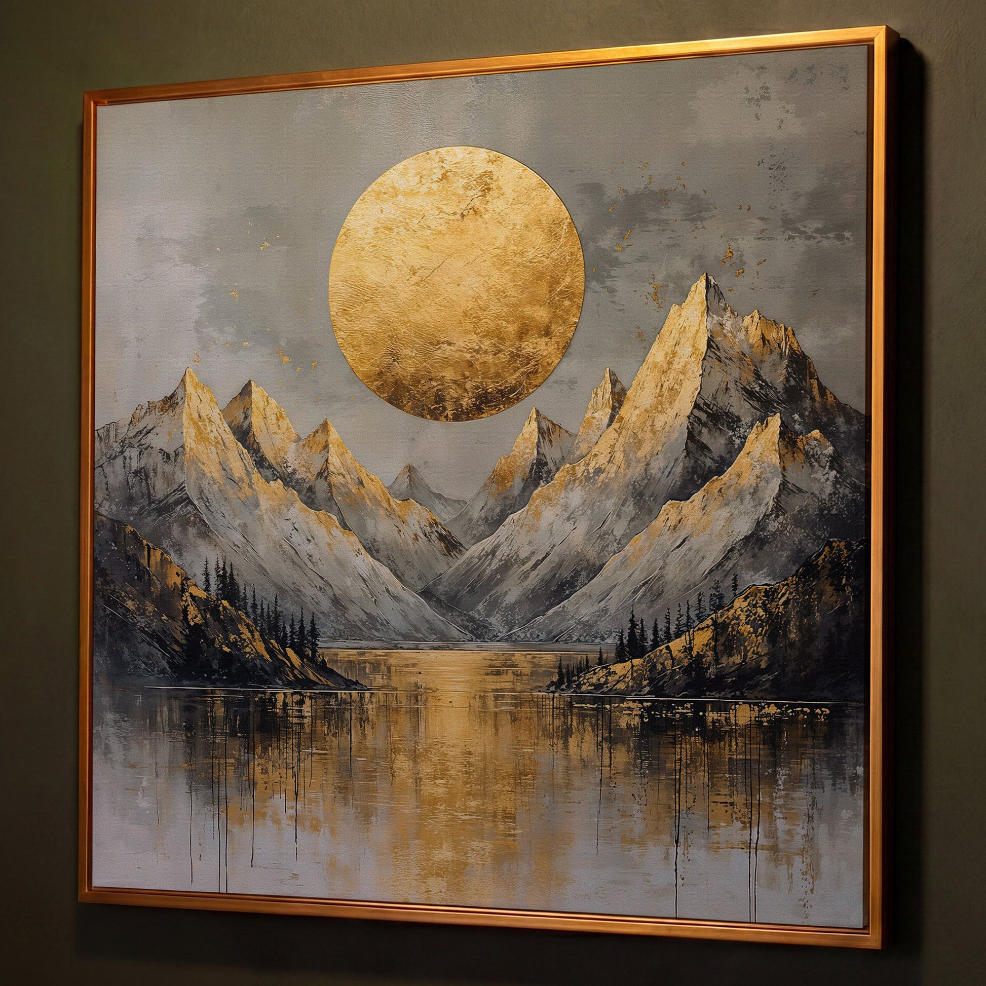 Mountains with Golden Sun Canvas shown in antique gold floating frame