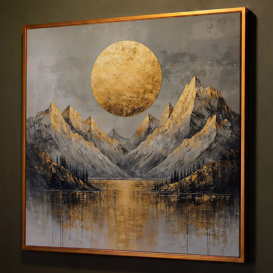 Mountains with Golden Sun Canvas shown in antique gold floating frame