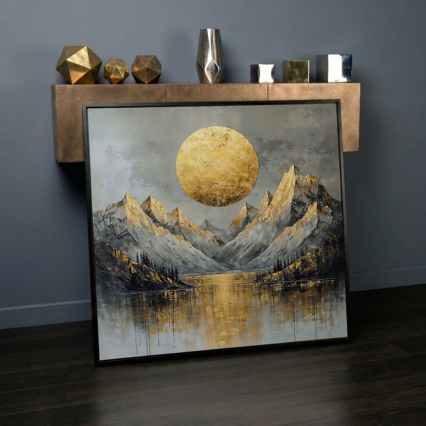 Mountains with Golden Sun Canvas in black floating frame