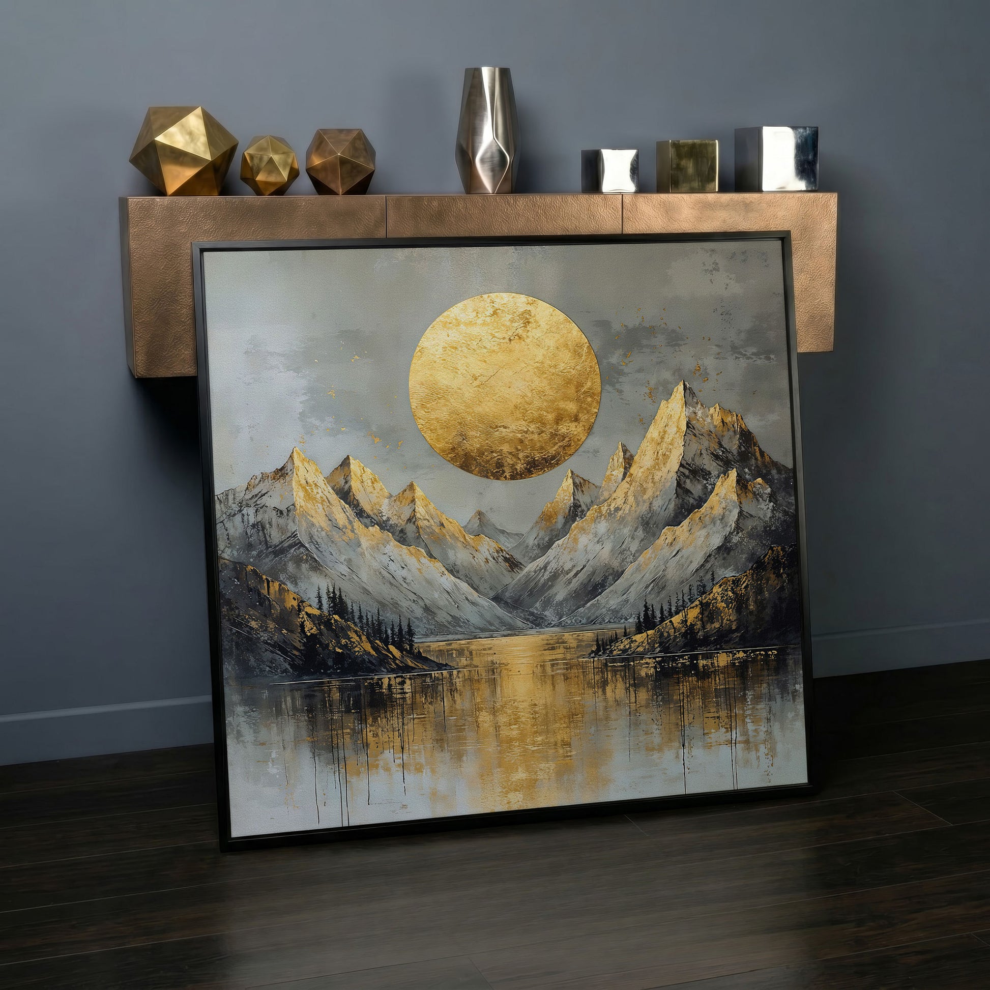 Mountains with Golden Sun Canvas in black floating frame