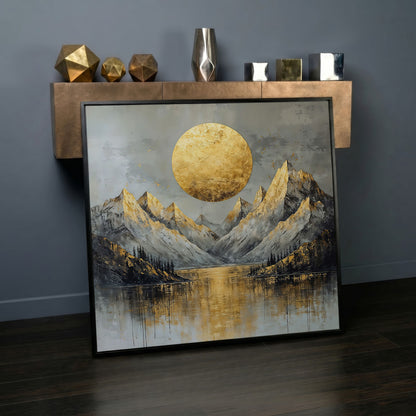 Mountains with Golden Sun Canvas in black floating frame