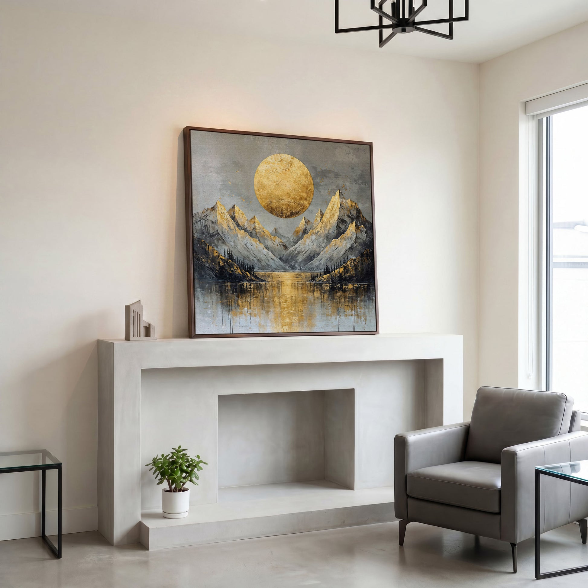 Mountains with Golden Sun Canvas in dark walnut floating frame