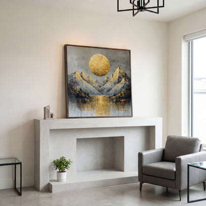 Mountains with Golden Sun Canvas in dark walnut floating frame