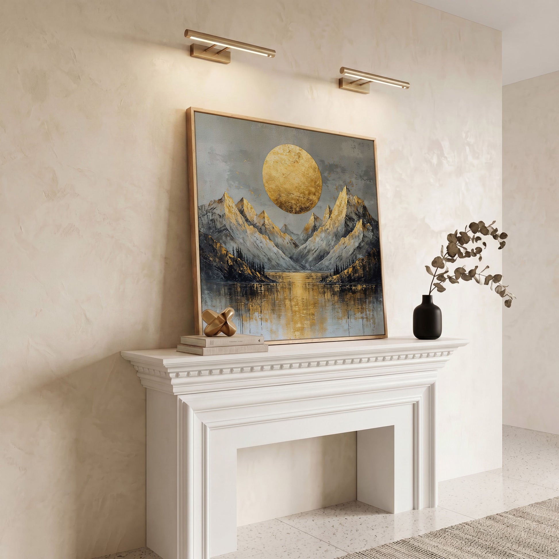 Mountains with Golden Sun Canvas in white oak floating frame