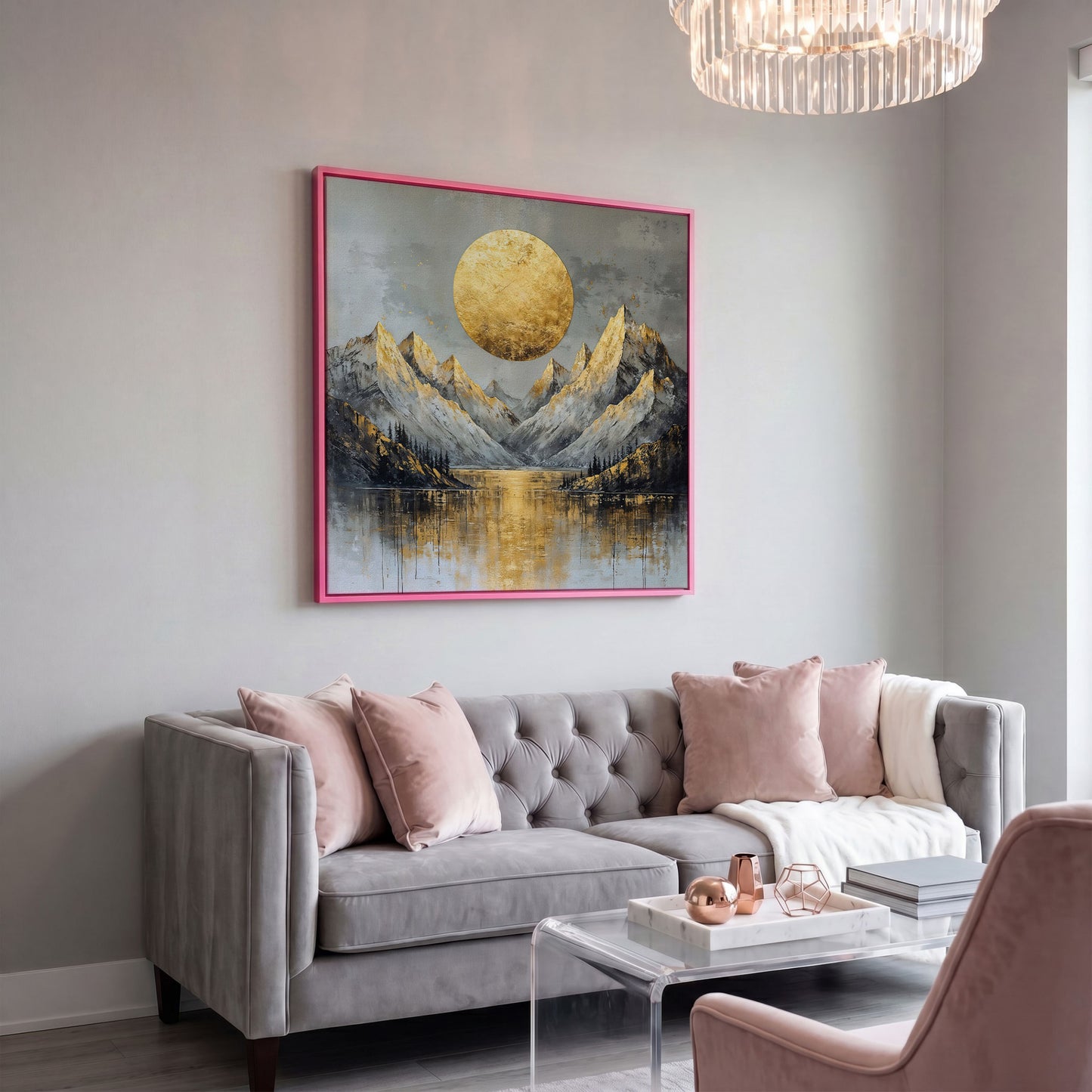 Mountains with Golden Sun Canvas in pink floating frame