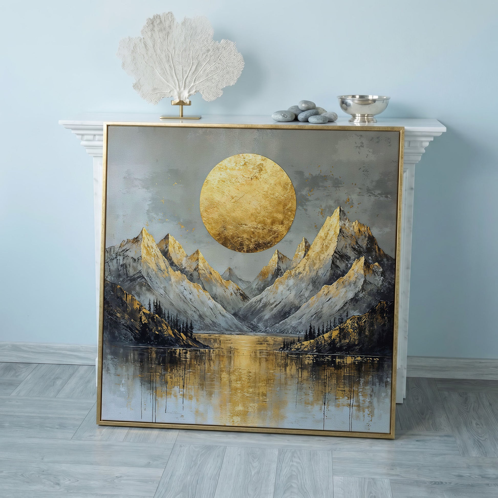 Mountains with Golden Sun Canvas in rose gold floating frame