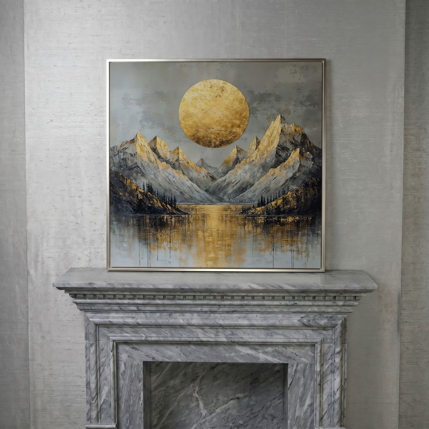 Mountains with Golden Sun Canvas in silver floating frame