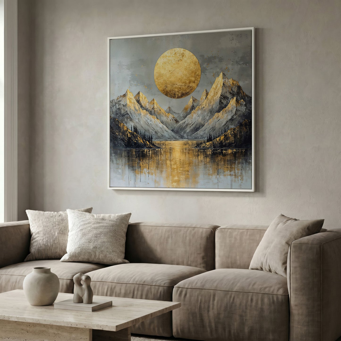 Mountains with Golden Sun Canvas in white floating frame
