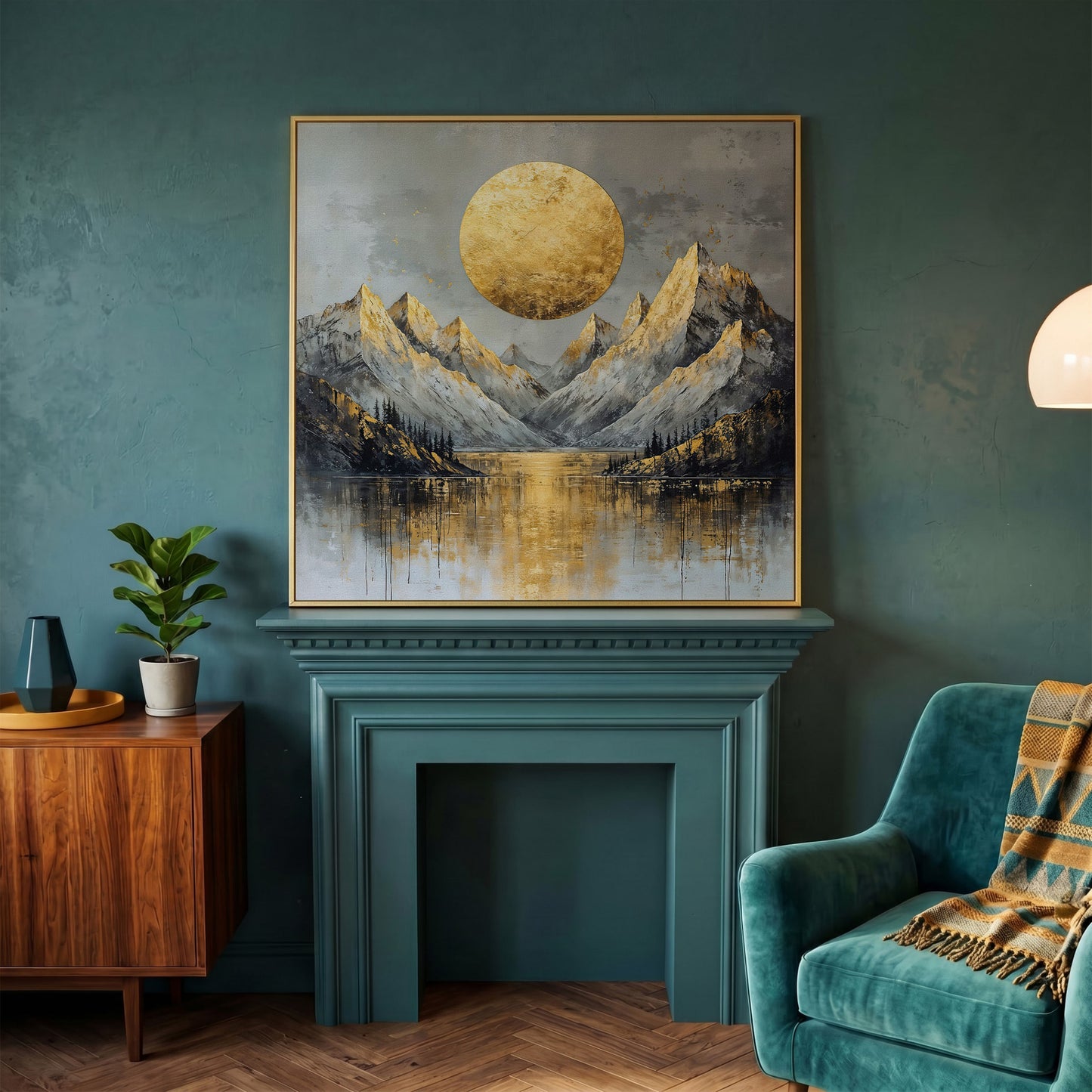 Mountains with Golden Sun Canvas in yellow gold floating frame