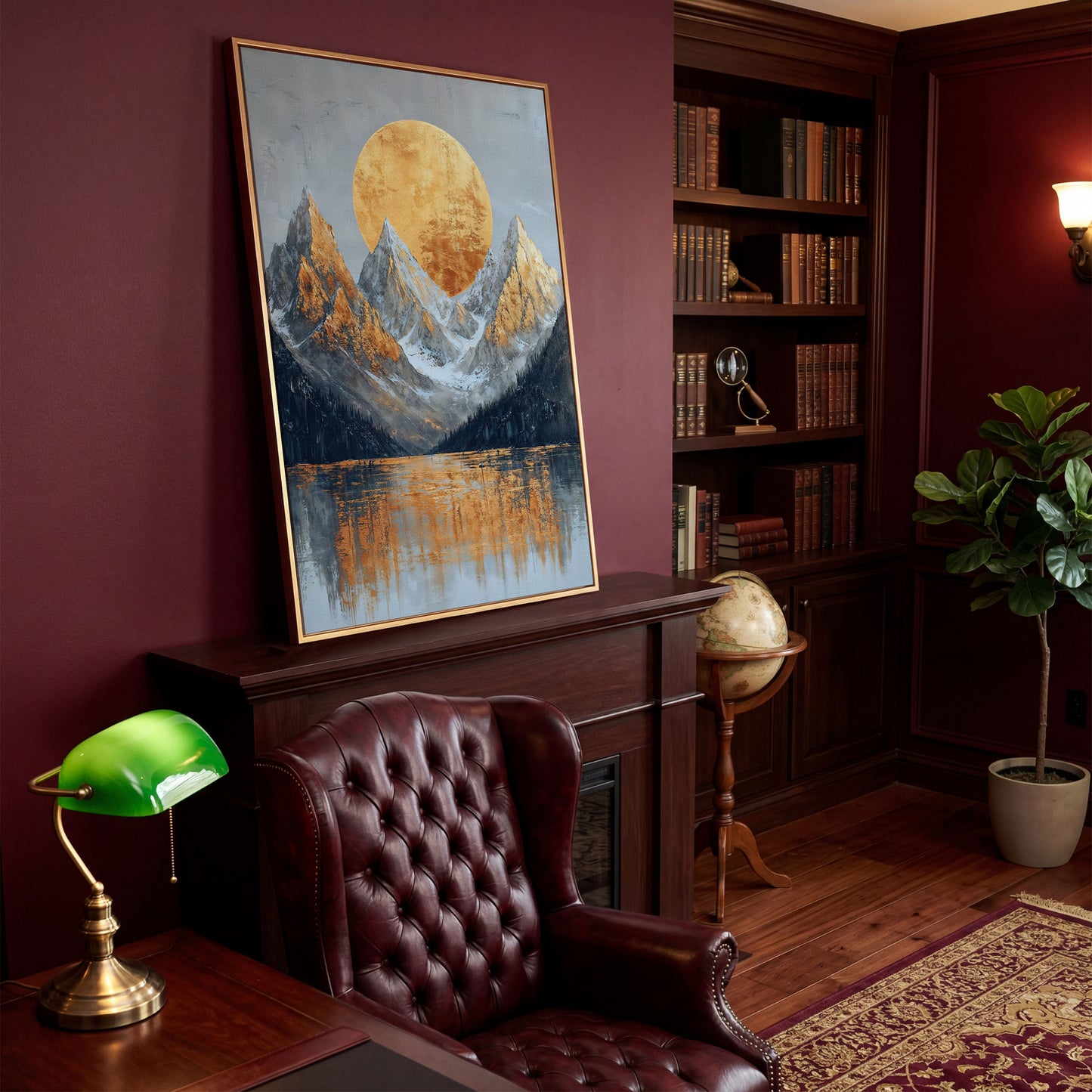 Gold Sun and Mountains Canvas Print in antique gold floating frame