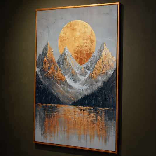 Gold Sun and Mountains Canvas Print shown in antique gold floating frame