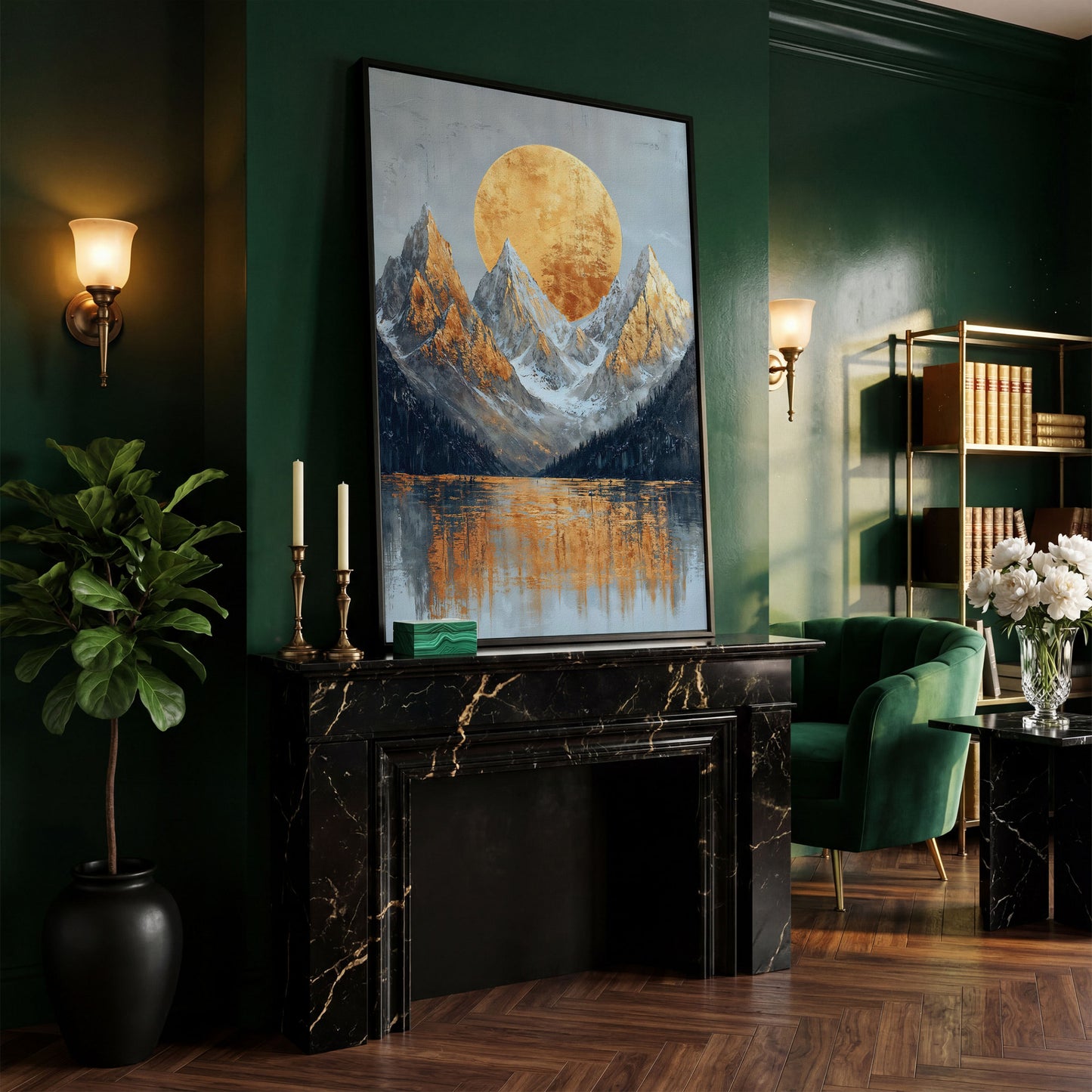 Gold Sun and Mountains Canvas Print in black floating frame