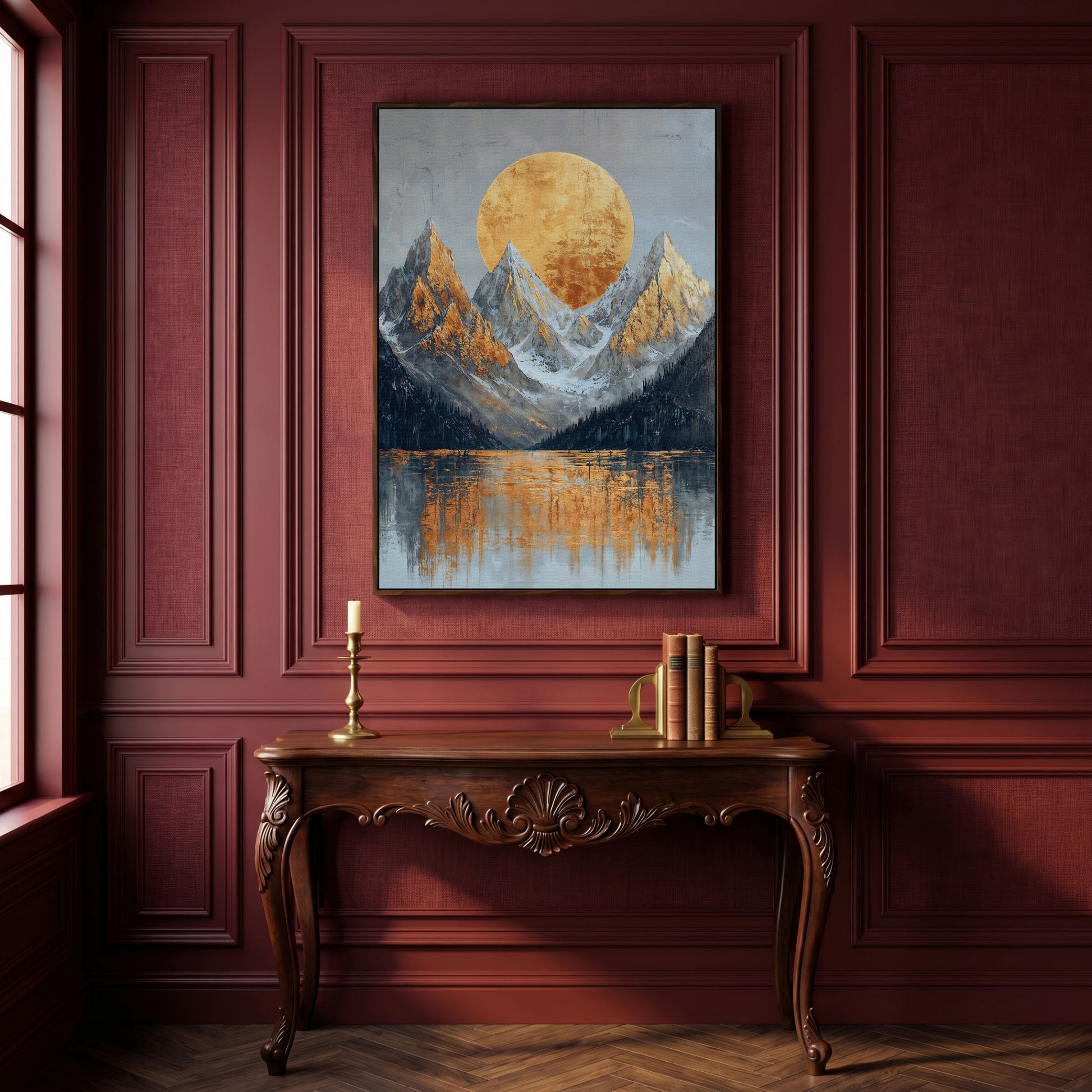 Gold Sun and Mountains Canvas Print in dark walnut floating frame